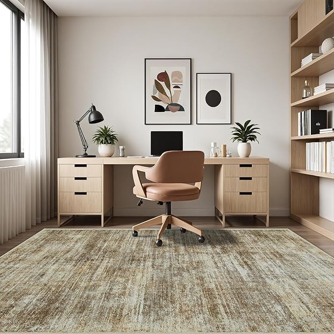 Washable Rug 6x9 Area Rugs, Abstract Large Living Room Rugs with Non-Slip Backing, Thin Carpet for Dorm Dining Room Table Nursery Indoor Home Office-Brown