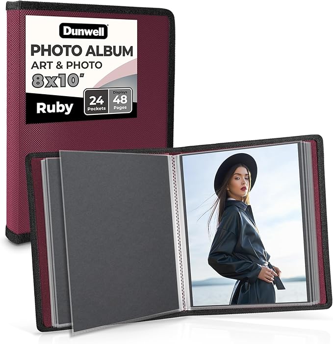 Dunwell Photo Album 8x10 (Ruby) with Black Mounting Paper, 8 x 10 Photo & Art Portfolio Presentation Book, 24 Clear Sleeves, Each Shows 48 Pages, Professional Photography Book for Pictures, Artwork