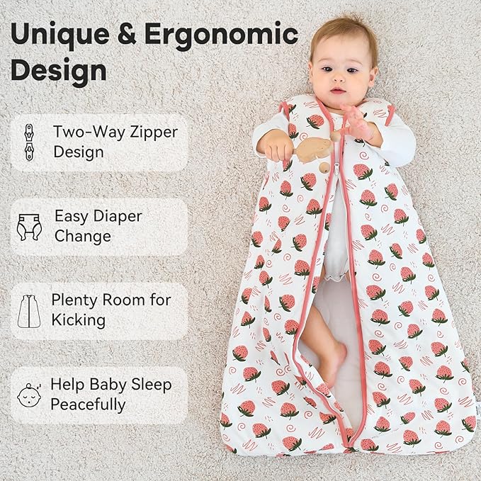 Sleep Sack 18-24 Months TOG 2.5 Winter Baby Wearable Blanket, 100% Cotton Toddler Sleeping Sack with 2-Way Zipper Warm Soft Baby Sleep Sack Strawberry