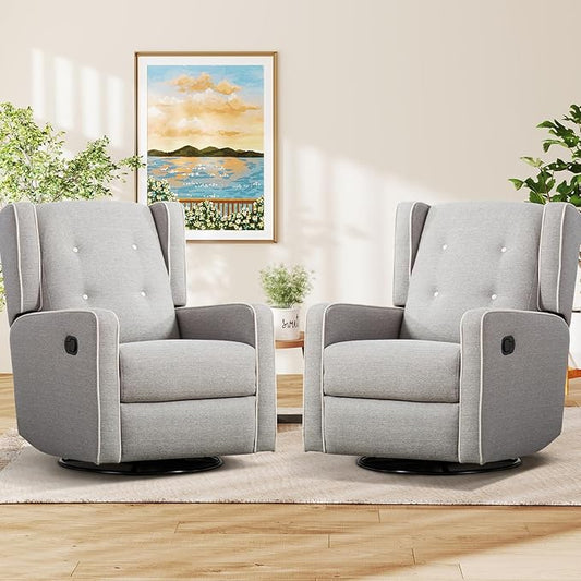 Swivel Rocker Recliner Chair Set of 2, Nursery Glider Chair, Nursery Rocking Chairs, Manual Reclining Chair, Grey
