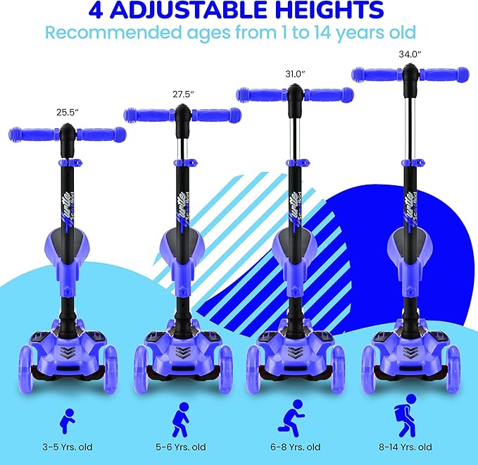 Hurtle 3-Wheeled Scooter for Kids - Wheel LED Lights, Adjustable Lean-to-Steer Handlebar, and Foldable Seat - Sit or Stand Ride with Brake for Boys and Girls Ages 1-14 Years Old
