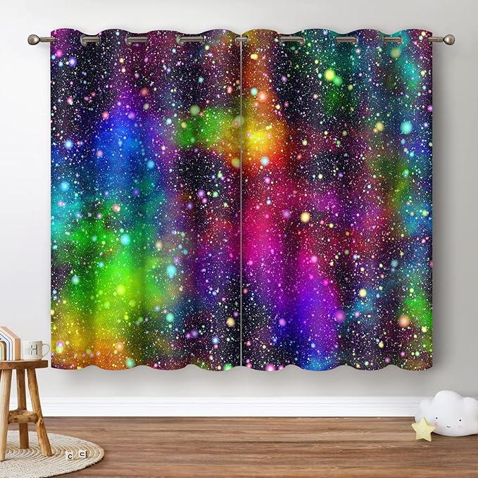 Jekeno Galaxy Blackout Curtains Kids Boys Girls Bedroom Outer Space Universe Nebula Starry Sky Colorful Stars Decor Decoration Grommet Window Drapes 2 Panel Set, 52"x63"
