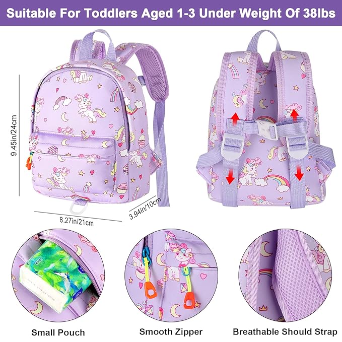 Accmor Toddler Backpack Leash with Anti Lost Wrist Link, Cute Mini Child Walking Harnesses Keep Kids Close Back Pack Rope Tether Rein for Baby Boys (Purple/Unicorn)
