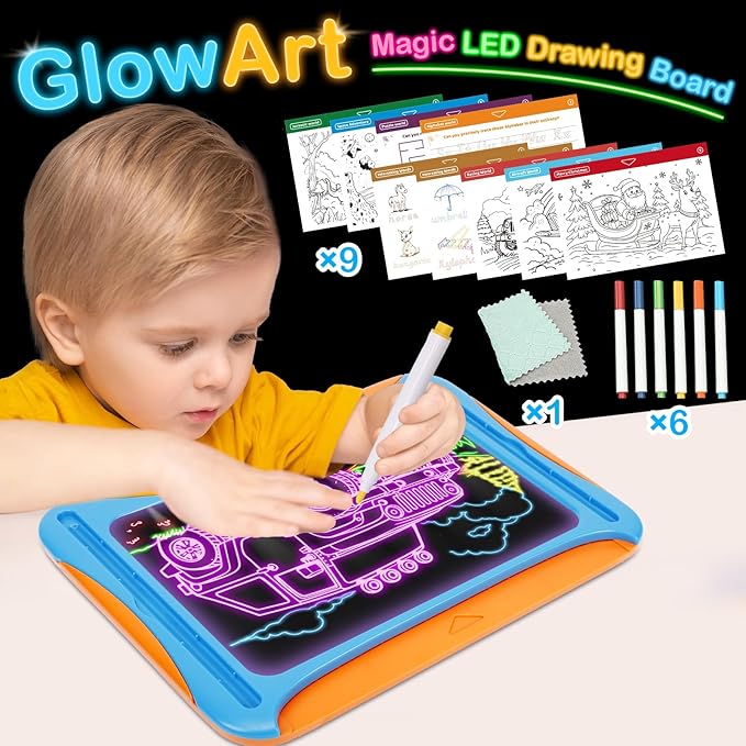Magic LED Drawing Board for Kids, Toys for Boys Ages 5-7, Light Up Tracing Pad with 9 Double-Sided Cards, 6 Washable Pens, Glow Up Toys for Kids 4-6 Year Old Christmas Birthday Gifts