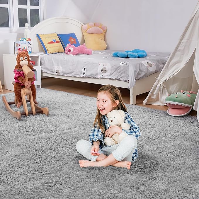 Ultra Soft Rug for Living Room, 4X6 Fluffy Shag Area Rug for Bedroom, Modern Shaggy Carpets Fuzzy Rug for Teens Dorm Nursery Home Decor Aesthetic, Upgrade Anti-Skid Durable, Light Grey