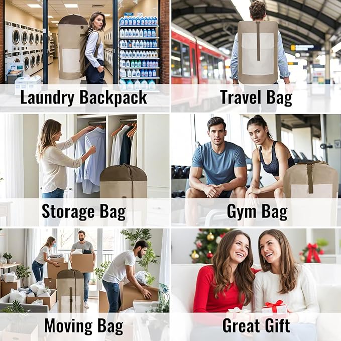 Laundry Bag Backpack, 125L Extra Large Travel with Shoulder Straps, Adjustable & Extendable Design, Laundry Hamper Bag with 3 Pockets for Laundromat, College, Travel, Camping (Brown)