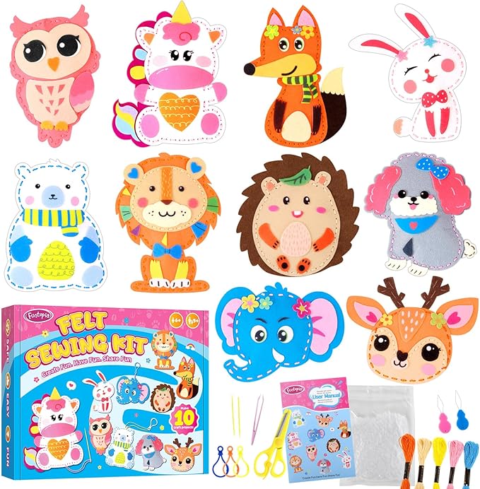 Funtopia Sewing Kit for Kids, 10 Easy DIY Projects of Stuffed Animal with Guiding Book, Beginners Sewing Toys and Birthday Gift for Girls Boys, Felt Arts and Crafts for Kids Ages 5-8 8-12
