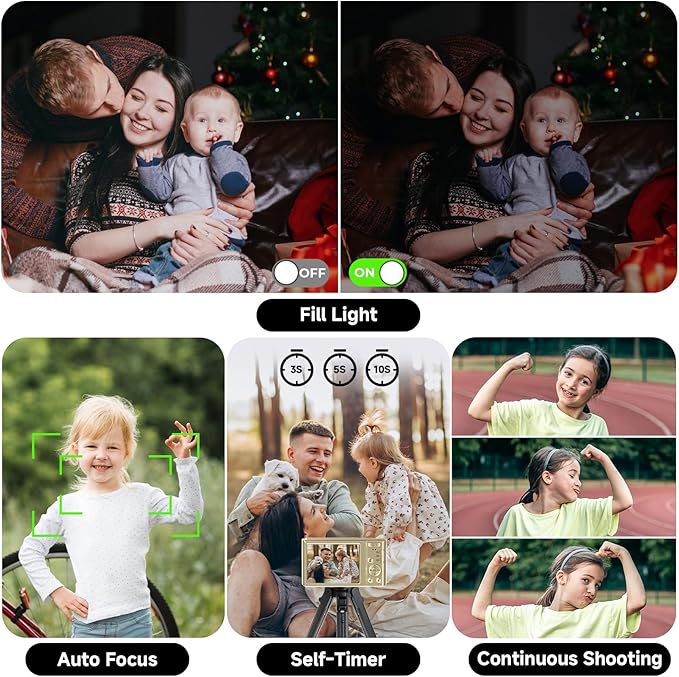 Digital Camera, FHD 4K Digital Camera with 64GB SD Card, 44MP Digital Point and Shoot Camera, 16X Digital Zoom, Anti Shake, 3-LED Fill Lights, Compact Camera for Kids Teen Boys Girls, Gold