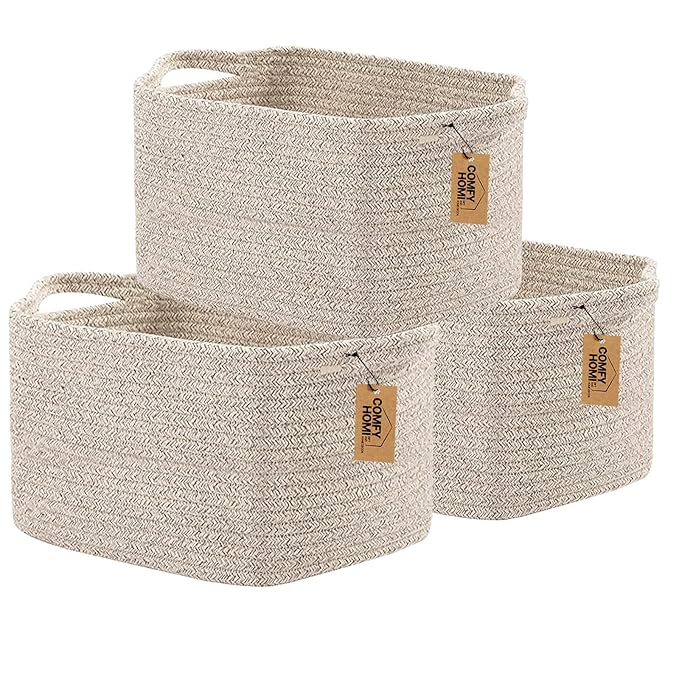 COMFY-HOMI 3PACK Cotton Rope Woven Basket With Handles for Shelves, Toy, Book, Cloth Storage Basket for Organizing|13.5" x 11" x 9.5" Decorative Nursery Cube Bin for Living Room（all brown）