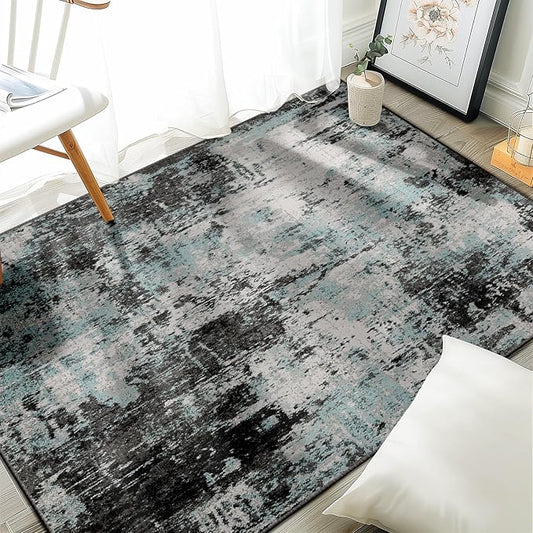 Washable Area Rugs 3'x5' Non-Slip Modern Abstract Soft for Living Room Entryway Bedroom Nursery, Print Pattern, Blue Black Teal