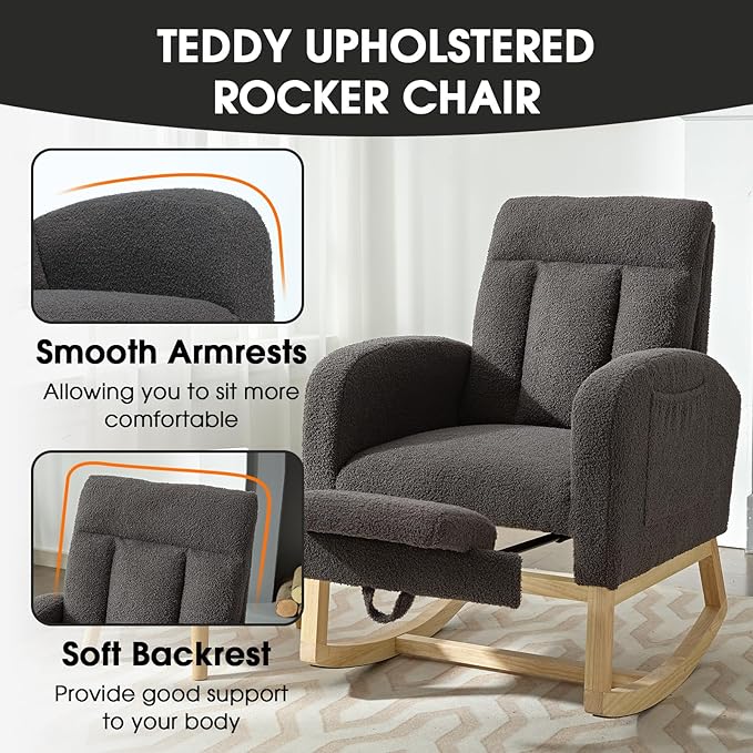 NIOIIKIT Modern Nursery Rocking Chair, Teddy Upholstered Rocking Chair with Footrest, Comfortable Rocker Recliner with Side Pocket, Glider Rocker for Living Room, Bedroom, Nursing Room (Dark Grey)