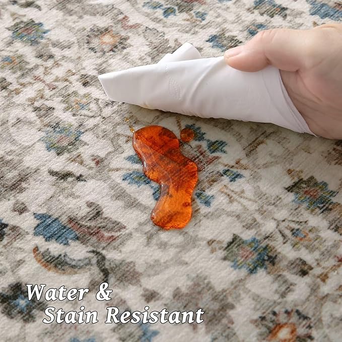 Washable 9x12 Area Rugs for Living Room, Boho Non-Slip Silicone Backing Rugs for Bedroom Dining Room Nursery Office, 0.3" Neutral Oriental Throw Carpet with 0.16" Cushioning Pad, Cream/Multi