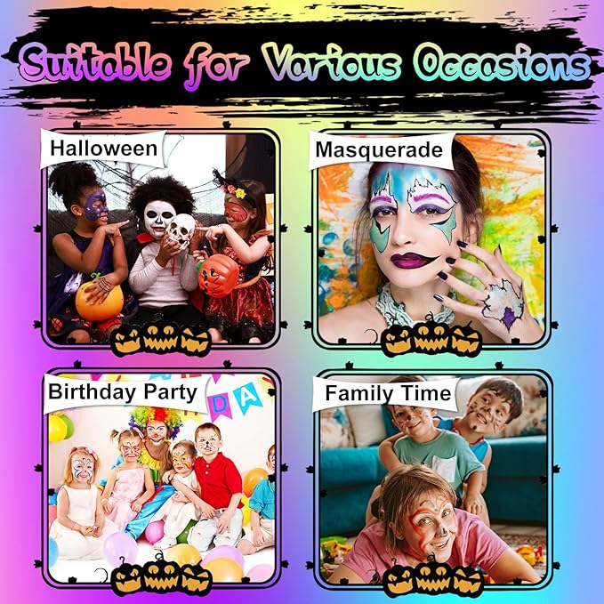 Face Painting Kit for Kids, 24 Colors Washable Face Paint, Safe for Sensitive Skin, Non-Toxic Professional Face Painting Kit, Halloween Birthdays Makeup Set with Stencils, Guide Book