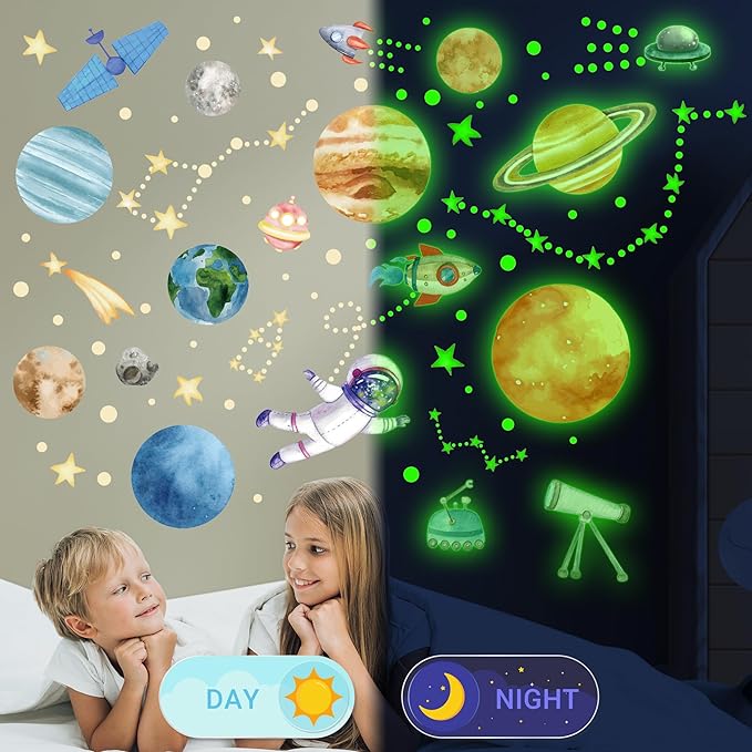 Watercolor Solar System Wall Decals, Glow in The Dark Stars, Kids Planets Sticker for Ceiling, Astronaut Wall Stickers for Bedroom（Green）