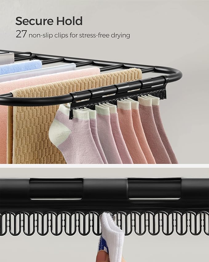 SONGMICS Clothes Drying Rack, with Sock Clips, Metal Laundry Rack, Foldable, Space-Saving, Free-Standing Airer, with 2 Height-Adjustable Gullwings, Indoor Outdoor Use, Black ULLR052B01