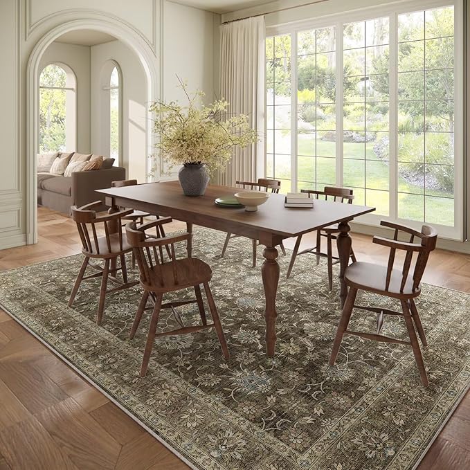 Washable 8x10 Area Rugs for Living Room, Boho Non-Slip Silicone Backing Rugs for Bedroom Dining Room Nursery Office, 0.3" Neutral Oriental Throw Carpet with 0.16" Cushioning Pad, Flaxen/Multi