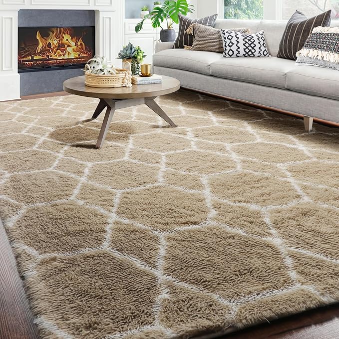 ONASAR Living Room Area Rug 6x9, Large Beige and White Geometric Floor Rugs for Bedroom Home Decor Aesthetic, Soft Fuzzy Shaggy Plush Fluffy Moroccan Carpet for Teen Nursery Dorm Classroom Office