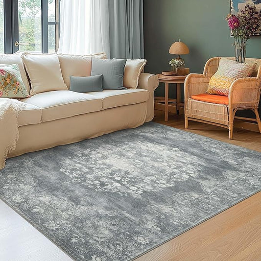 jinchan Vintage Floral 4x6 Area Rugs - Machine Washable Distressed Design Soft Ultra-Thin Low-Pile Non-Slip Carpet for Entryway Kitchen Bedroom Nursery Living Room Dining Room (4x6ft,Grey)