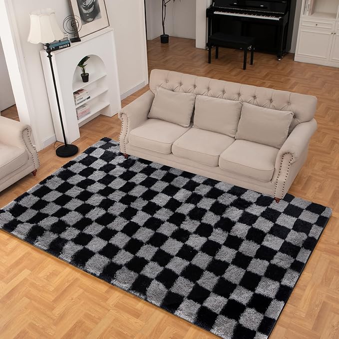 Super Soft Rug for Bedroom, 5x7 Ft Grey and Black Area Rug Classic Checkered Shaggy Rug Anti-Skid High Pile Soft Fluffy Fuzzy Carpet for Living Room Bedroom Kids Room Nursery, Dorm Home Decor