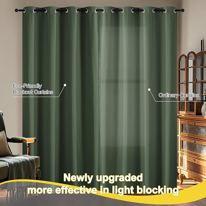 NICETOWN 100% Blackout Greyish Green Curtains 84 inches Long 2 Panels Set for Bedroom, Thermal Insulated Grommet Drapes, Room Darkening Curtain for Living Room(W52 x L84 Inch)