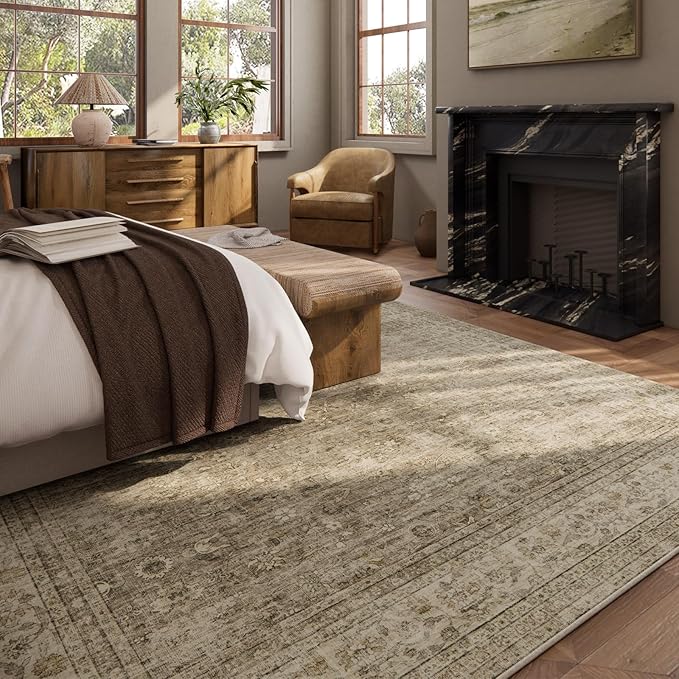 Machine Washable Rugs for Living Room: 9x12 Area Rugs for Bedroom Vintage Stain Resistant Non Slip Low Pile Lightweight Boho Carpet for Kitchen Dining Room Farmhouse Kids Room Nursery