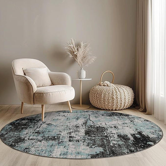 Washable Area Rugs 4ft Non-Slip Modern Abstract Soft for Living Room Entryway Bedroom Nursery, Print Pattern, Blue Black Teal