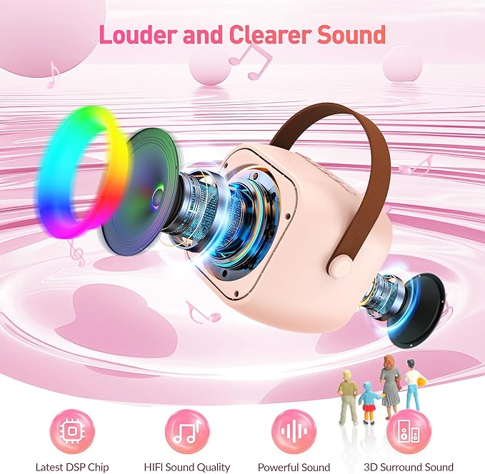 Karaoke Machine for Kids Adults, Mini Portable Bluetooth Karaoke Speaker with 2 Wireless Microphone and Lights, Christmas Birthday Gifts for Girls Ages 4, 5, 6, 7, 8, 9, 10, 12+ Family Home Party
