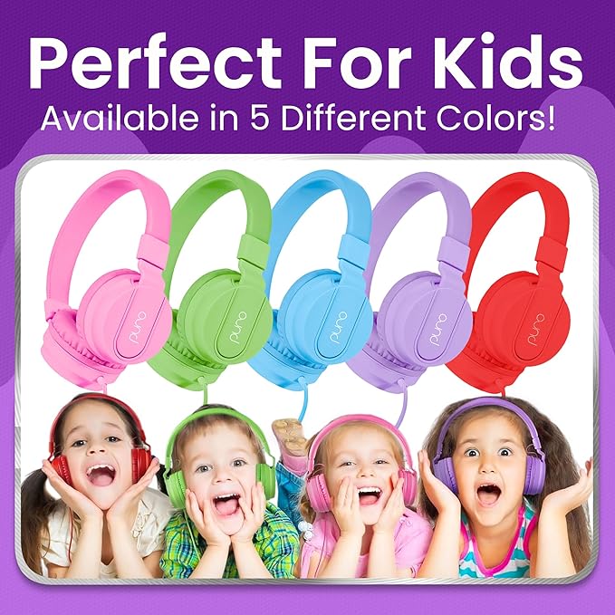 Puro Sound Labs PuroBasic Wired Headphones for Kids - Volume-Limiting & Adjustable with Microphone – Compatible with Smartphones, Tablets, PCs, and More – Safe, Durable Headphones for Kids – Purple