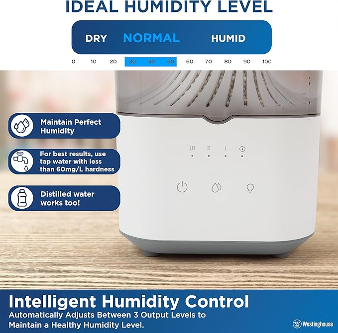 Westinghouse Ultrasonic Cool Mist Adjustable Humidifier, 4.5L Top Fill with LED Night Light and Touch Button Control