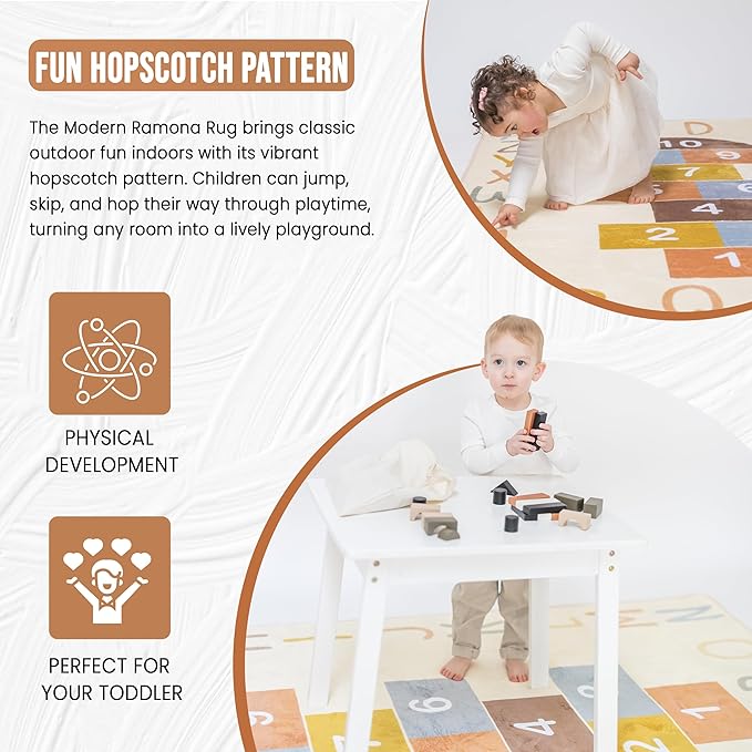 Washable Hopscotch Rug for Kids | Educational ABC & Numbers Carpet for Toddler Playroom or Classroom | 4.6' x 6.5' Non-Slip Play Mat | Neutral Decor