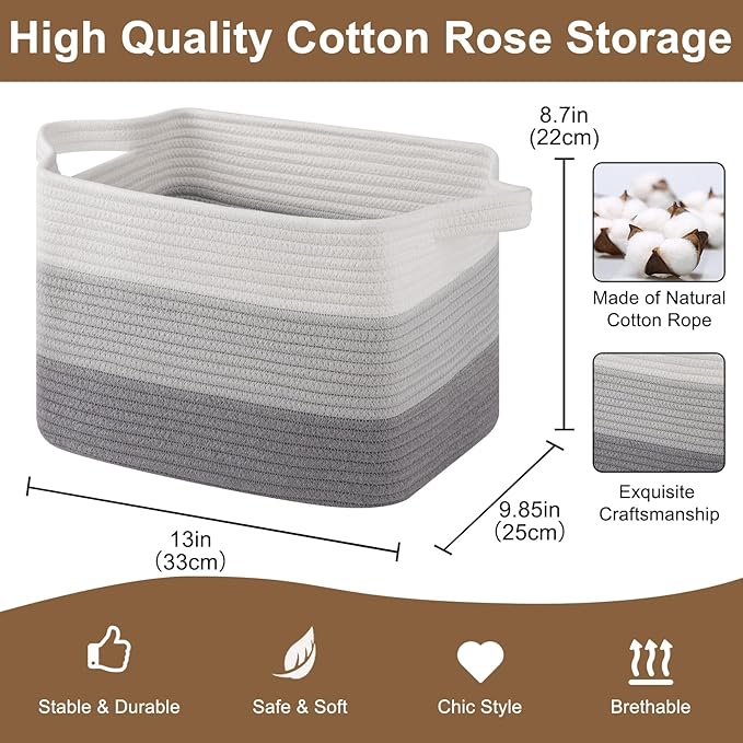 Storage Basket for Organizing, Woven Baskets for Storage, Rectangle Decorative Baskets for Shleves, Closet, Toys, Books, Nursery Organizer Bins - Pack of 3 (Gradient Gray)