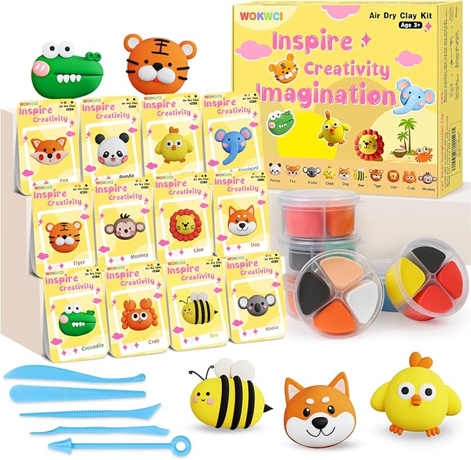Air Dry Clay Kit for Kids, Modeling Magic Clay for Kids, Ultra Light & Soft, 12 Boxes DIY Animals Model with Step by Step Tutorial and 5 Sculpting Tools, Creative Art Crafts Toys Gifts for Girls Boys