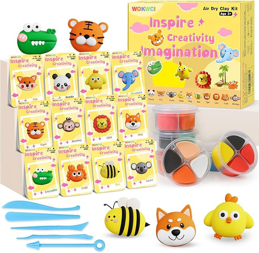 Air Dry Clay Kit for Kids, Modeling Magic Clay for Kids, Ultra Light & Soft, 12 Boxes DIY Animals Model with Step by Step Tutorial and 5 Sculpting Tools, Creative Art Crafts Toys Gifts for Girls Boys