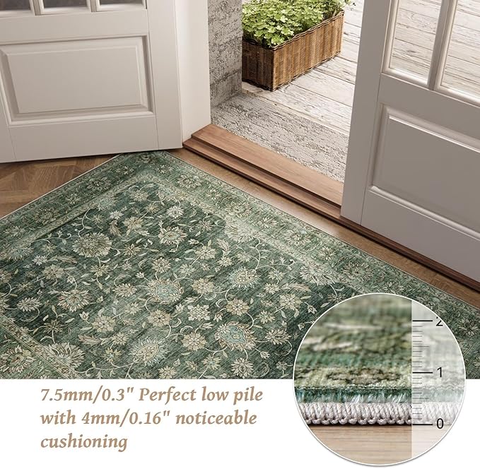 Washable 6x9 Area Rugs for Living Room, BoHo Non-slip Silicone Backing Large Rugs for Bedroom Dining Room Nursery Office, 0.3" Neutral Oriental Throw Carpet with 0.16" Cushioning Pad, Sage Green/Multi