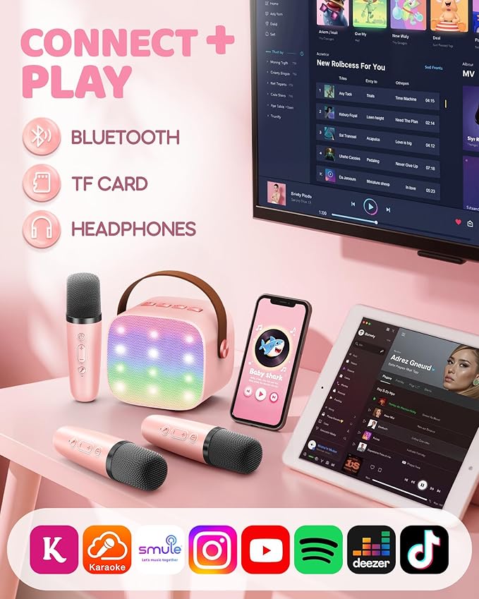 YLL Mini Karaoke Machine for Kids Adults: Portable Loud Speaker with 3 Wireless Microphones -Most Popular Birthday Party Gifts for Girls Boys 3, 4, 5, 6, 7, 8, 9, 10+ Year Old Toys Party (Pink-3 Mics)