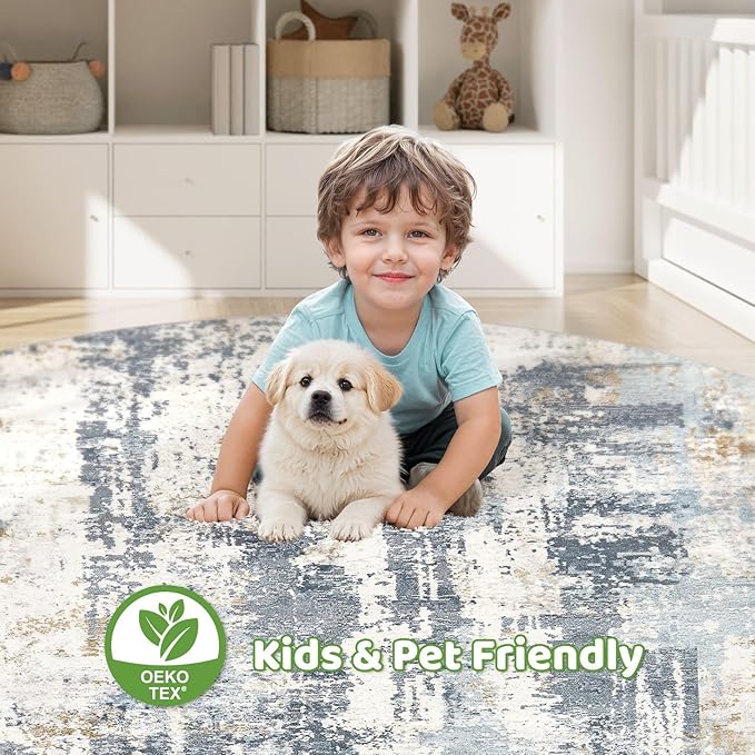 Round Rug Living Room Rugs: 10Ft Washable Circle Large Abstract Modern Soft Stain Resistant Non Slip Indoor Floor Carpet for Bedroom Nursery Office Dining Room Dorm Home House Decor- Light Blue