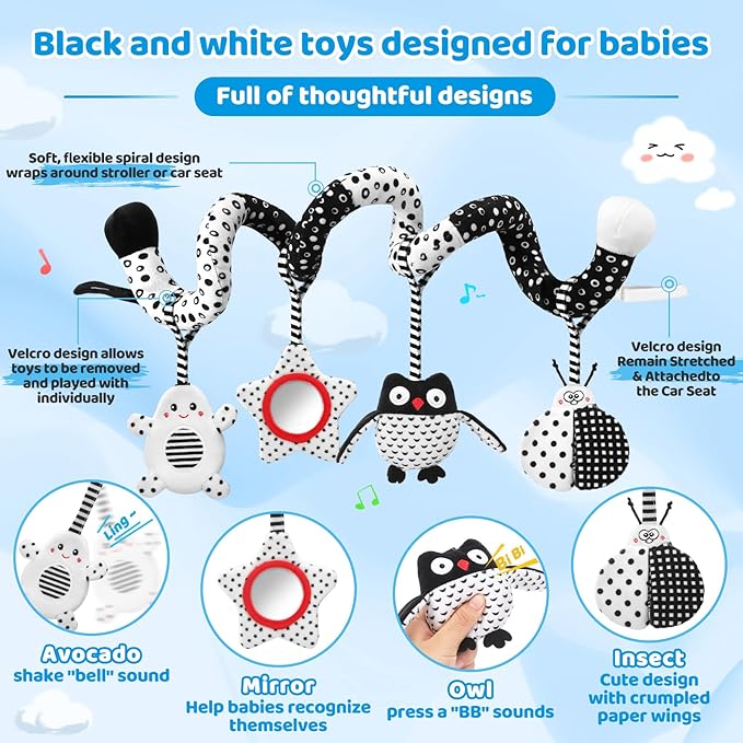 High Contrast Baby Toys - Black & White Hanging Toys for Car Seat, Stroller & Crib | Newborn Essentials 0-6 Months | Perfect