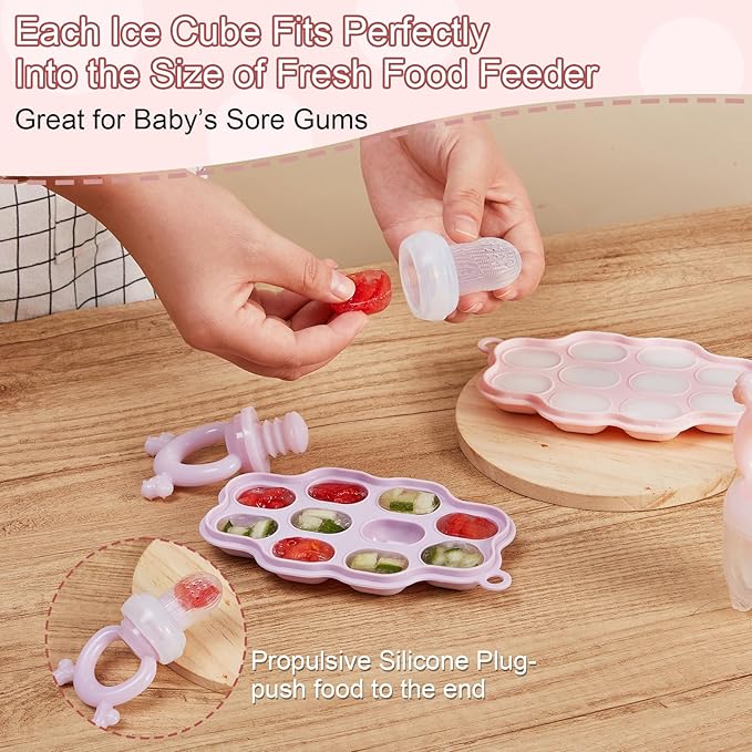 KingKam Baby Breastmilk Popsicle Molds & Baby Fruit Feeder (2 Pack), Baby Food Freezer Tray Storage Containers, Silicone Pacifier Feeder and Teether