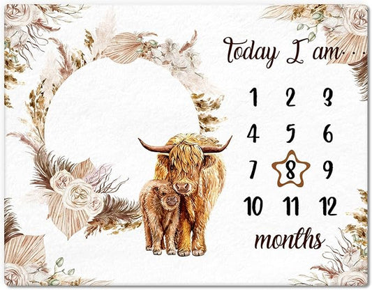 Boho Floral Baby Monthly Milestone Blanket Neutral Bohemian Photo Prop Blanket Personalized Highland Cow Baby Present Pampas Grass Ideas for Newborn Nursery Decor (Brown, Highland Cow)