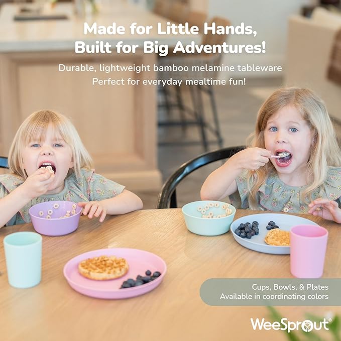 WeeSprout Bamboo Kids Bowls, Set of Four 15 oz Kid-Sized Dinnerware, Cereal, Leftovers & Snack Bowl, Dishwasher Safe (Blue, Yellow, Orange, & Red)