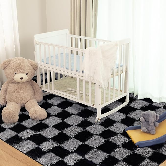 Super Soft Rug for Bedroom, 8x10 Ft Grey and Black Area Rug Classic Checkered Shaggy Rug Anti-Skid High Pile Soft Fluffy Fuzzy Carpet for Living Room Bedroom Kids Room Nursery, Dorm Home Decor