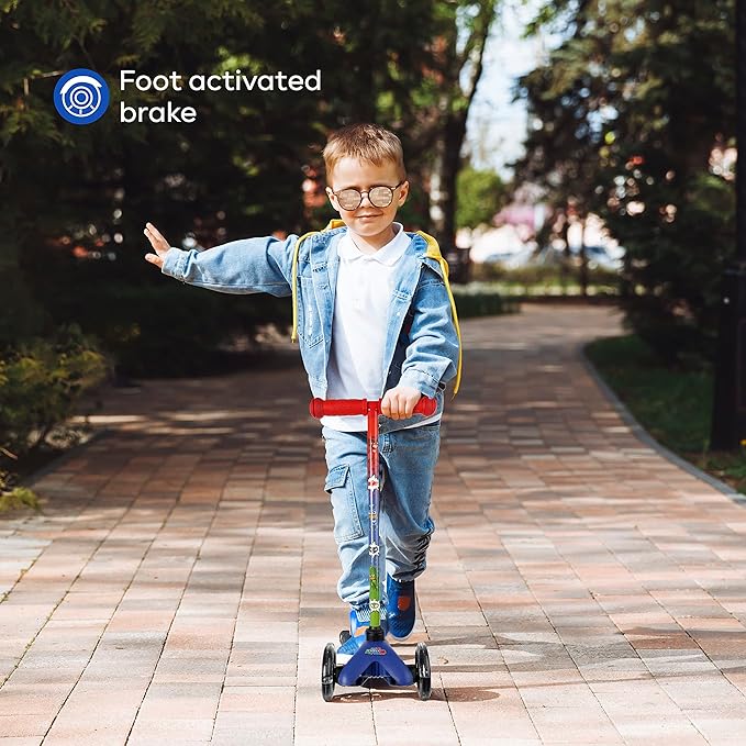 PJ Mask Self Balancing Kick Scooter with Light Up Wheels, Extra Wide Deck, 3 Wheel Platform, Foot Activated Brake, 75 lbs Limit, Kids & Toddlers Girls or Boys, for Ages 3 and Up