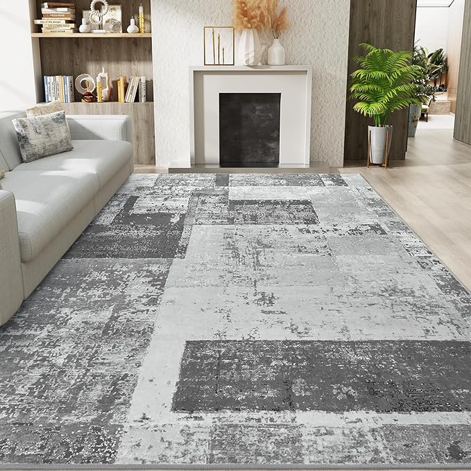 LOCHAS Rug for Living Room, Washable Soft Area Rugs for Bedroom 5x8, Abstract Carpet for Indoor Office Kids Dining Room Nursery Floor, Grey Geometric Vintage Home Decor, Non Slip, Pet Child Friendly
