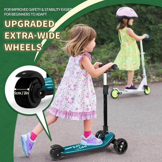 Besrey Kick Scooter for Kids Ages 3-10, 3-Wheel Folding Scooter with Adjustable Height, LED Light Wheels, Extra Wide Deck for Outdoor Activities