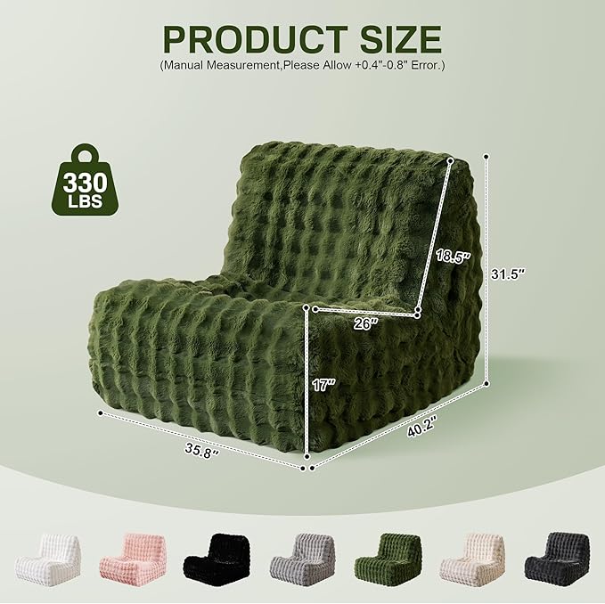Modern Bean Bag Chair, Large Bean Bag Couch for Adults with Memory Foam Filled, Soft Faux Bunny Fur Lazy Chair for Living Room Bedroom Dorm Apartment, No Assembly Required, Green