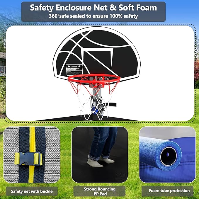Upgraded Trampoline 8FT/10FT/12FT/14FT With Basketball Hoop, Light, Sprinkler, Stakes - Outdoor Backyard for 4-6 Kids and Adults