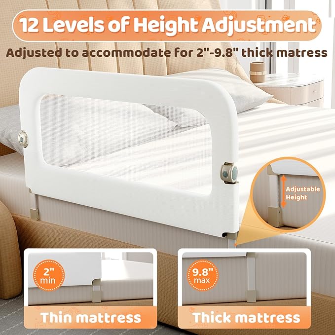 Bed Guard Rail for Toddlers - 59inch Foldable & Adjustable Height Baby Bed Safety Side Rails - Large Toddler Crib Railing Guard for Twin, Bunk, Full Size, Queen & King, Full Size Bed