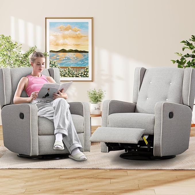 Swivel Rocker Recliner Chair Set of 2, Nursery Glider Chair, Nursery Rocking Chairs, Manual Reclining Chair, Grey
