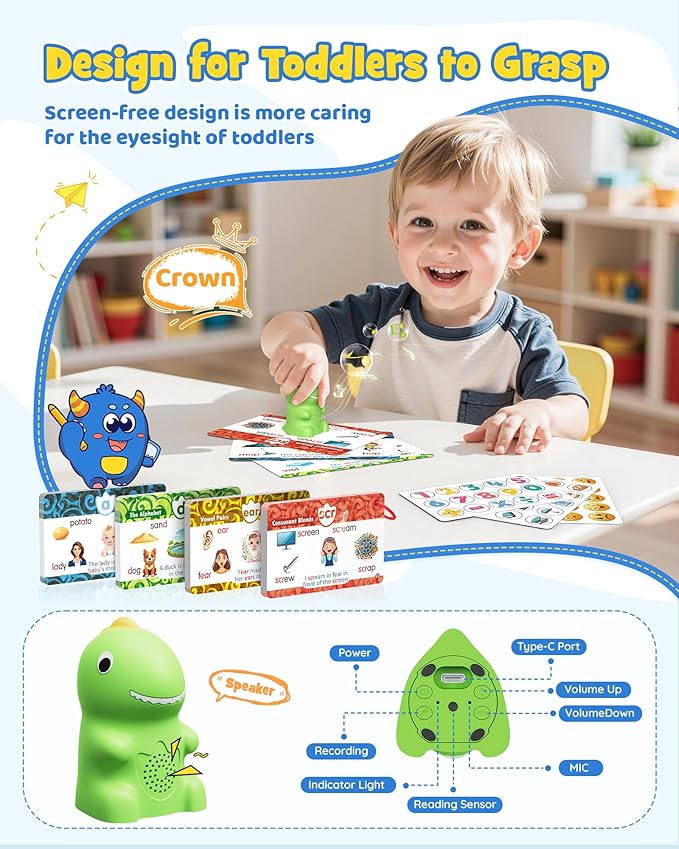 Dinosaur Talking Pen with Phonics Cards, Montessori Toys for Toddlers, Autism Sensory Interactive Toys, Educational Birthday ABC 123 Learning Set, 73PCS Flash Cards & 6 Stickers