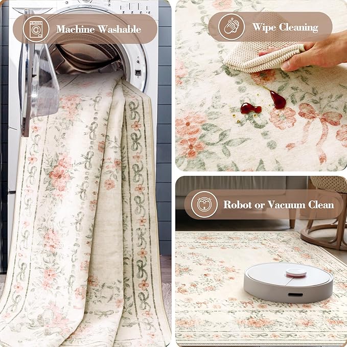 Wonnitar Floral Bow Print Washable 8x10 Rug, Beige Rugs for Living Room, Boho Non Slip Ultra-Thin Soft Neutral Carpet for Nursey Kids Room Dorm Living Room, Beige